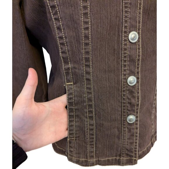Vintage 90s Live A Little LAL Brown Denim Jacket Embroidered Snap Button Size L - Picture 3 of 9
